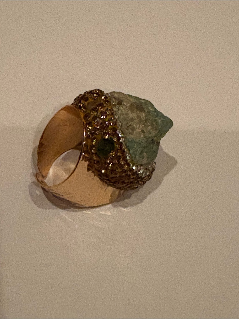 Raw Green Stone Statement Cuff Ring Gold Tone Crystal Pave Adjustable